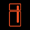 A red refrigerator icon on a black background